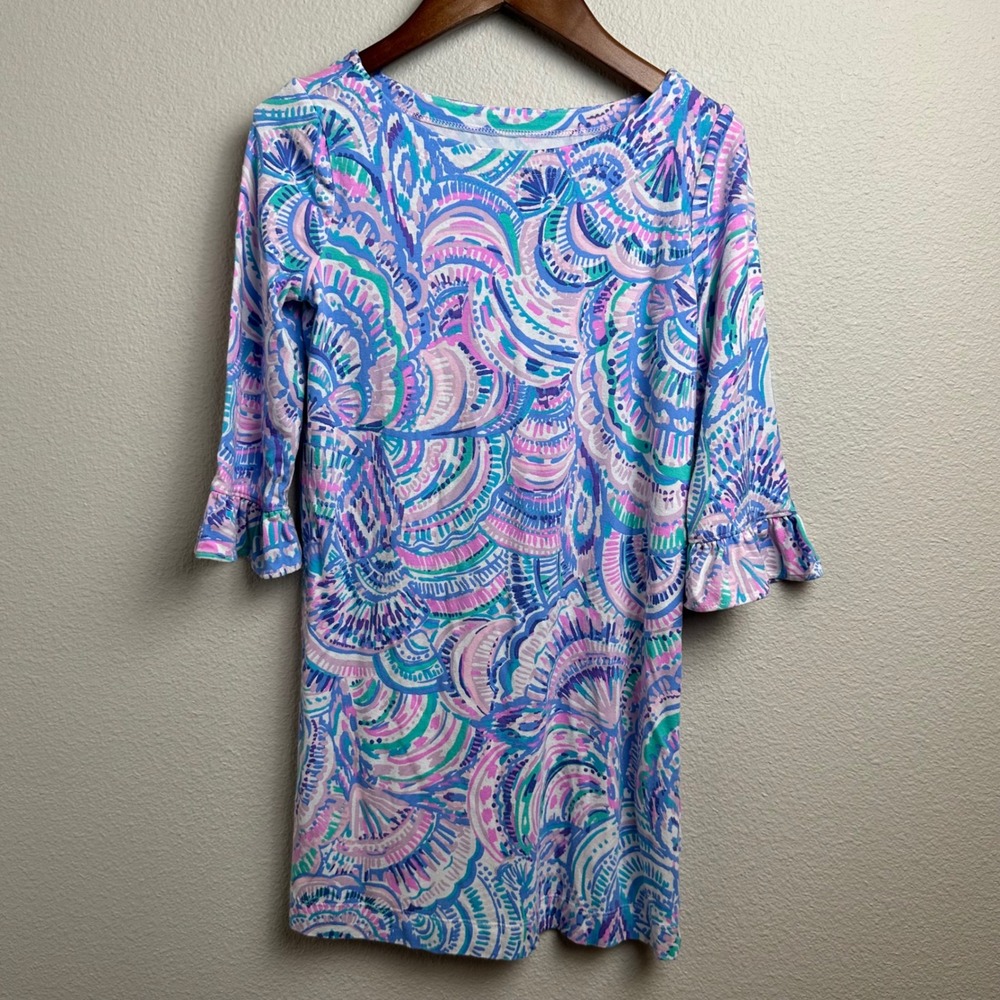 Lilly Pulitzer Little Lilly Shift Dress Size M 6-7 Blue Pink Seashell Ruffle